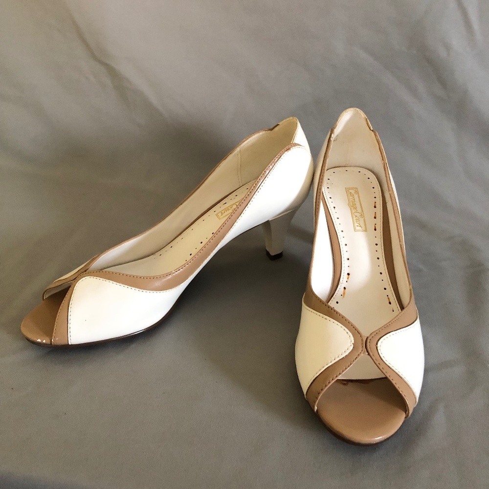 Carriage Court White and Tan Leather Heels